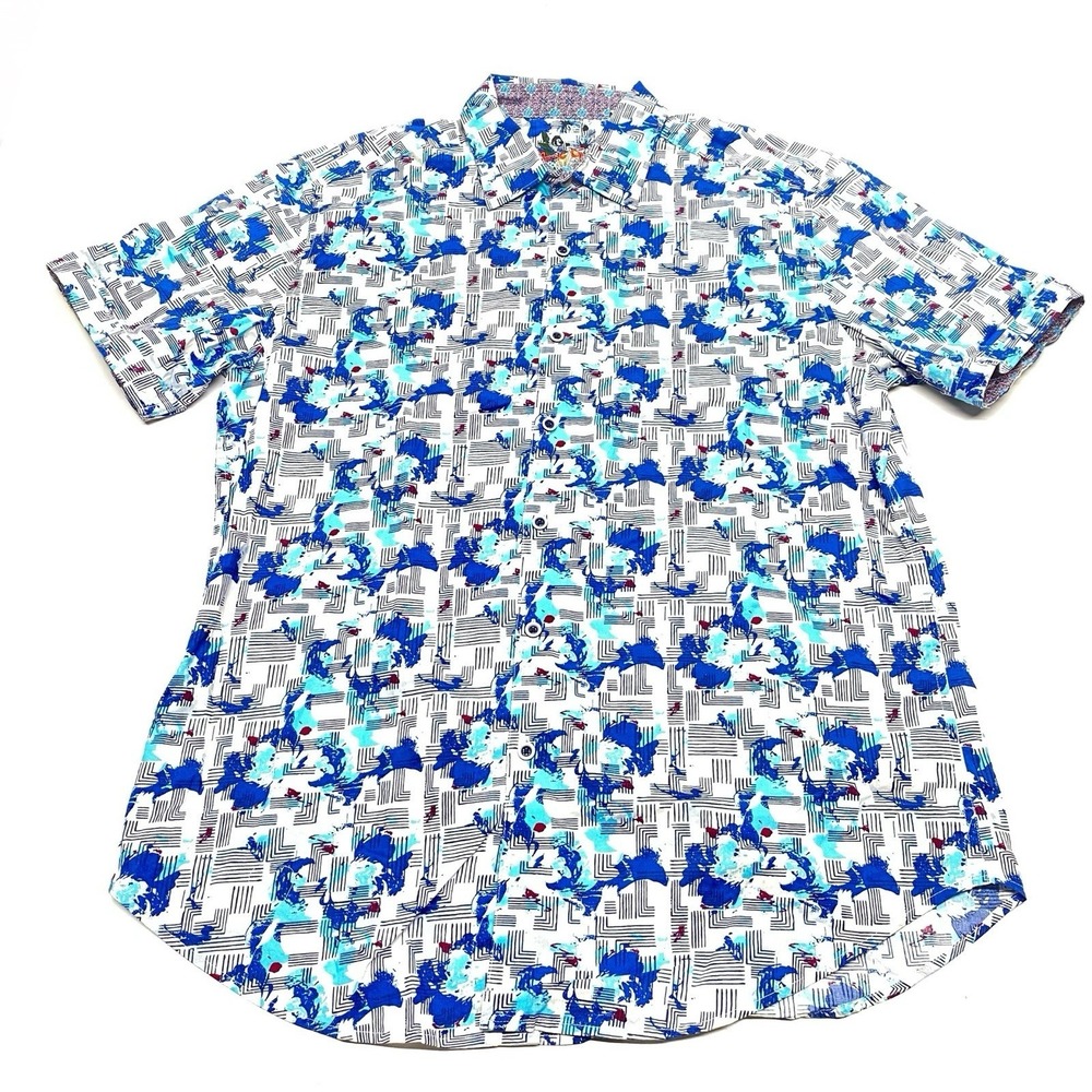 Robert Graham Marshfield Men's L Short Sleeve Button Up Shirt Blue Geometric EXC
